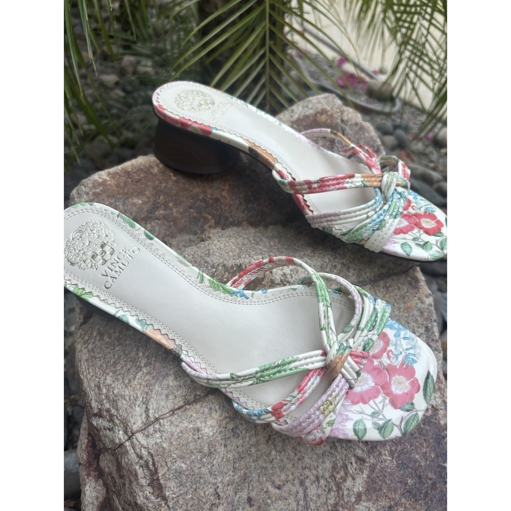 Vince‎ Cameo  6.5 Pastel Floral  Strappy  Block Heel Mule Sandals Braided Wood - Picture 14 of 14